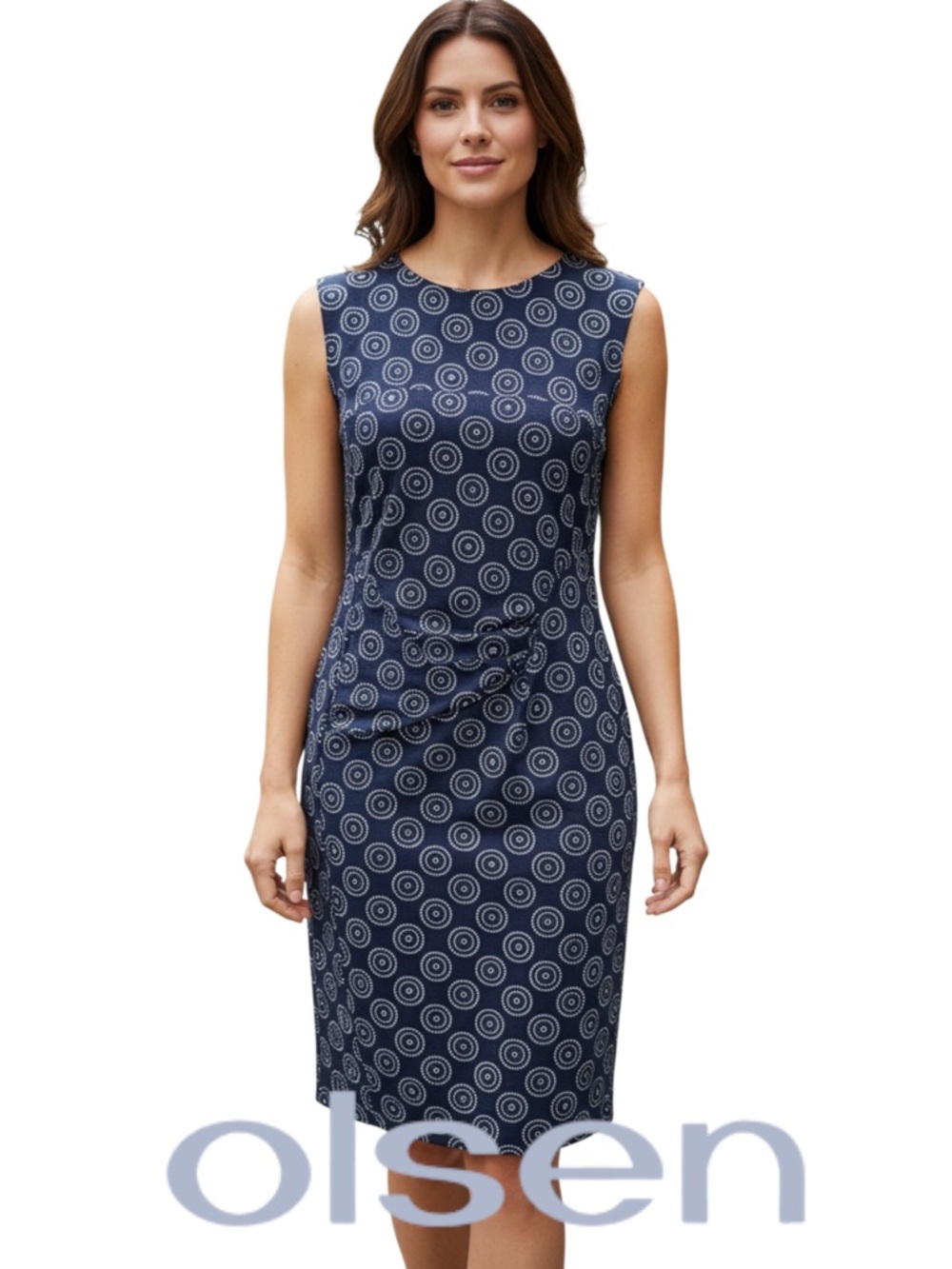OLSEN Europe Navy White Circle Sleeveless Ruche Waist Below Knee Dress (S)